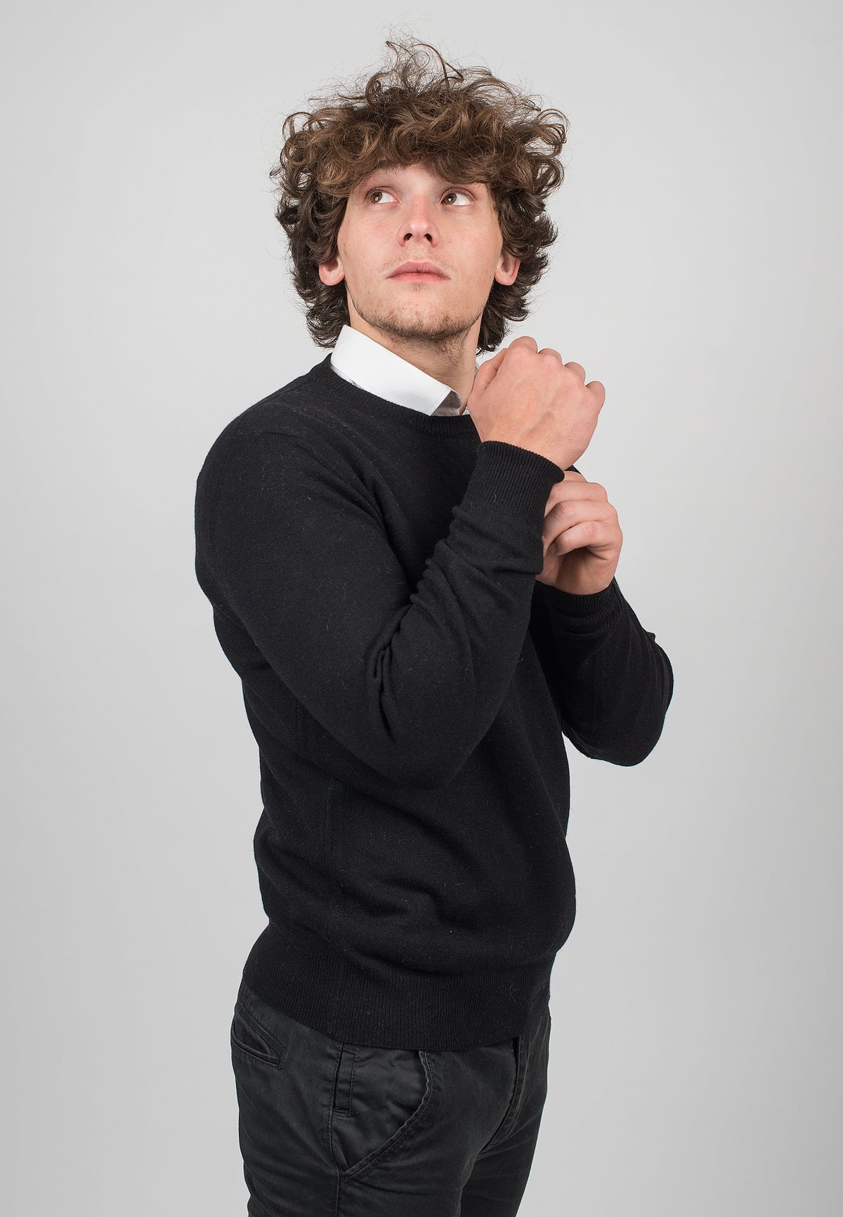 Black Men's 100% Cashmere Crewneck, view 3