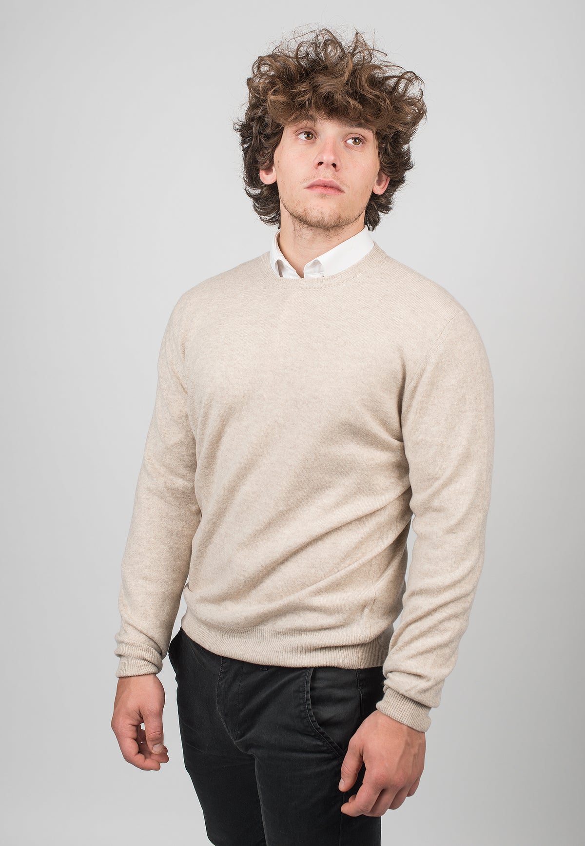 Beige Men's 100% Cashmere Crewneck, view 2