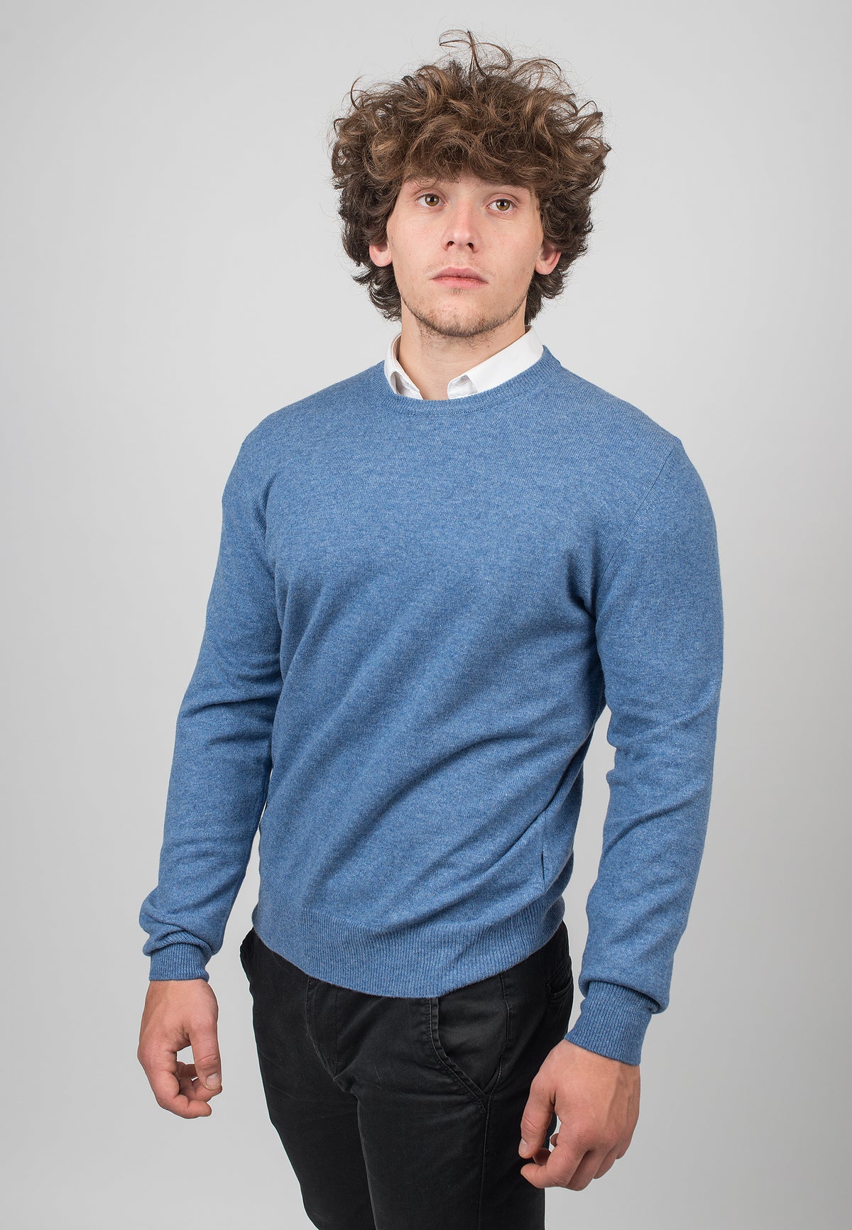 Light Blue Men's 100% Cashmere Crewneck, view 2