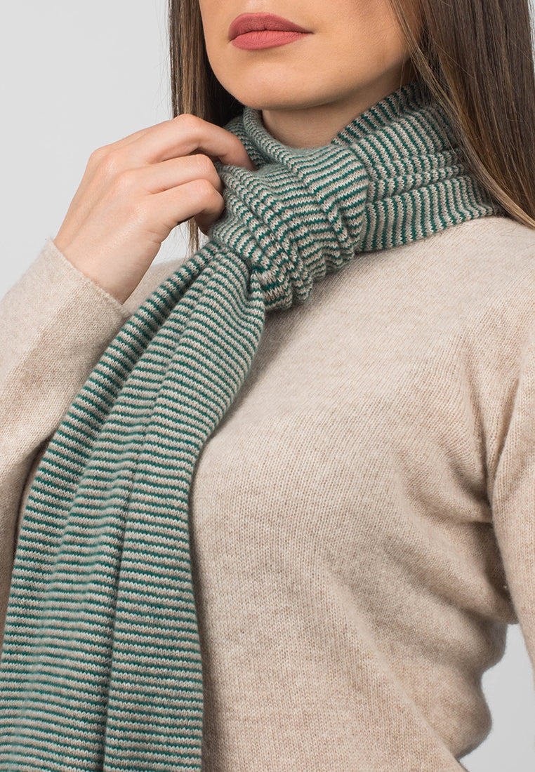Green-Beige-Cream Women's Striped 100% Cashmere Scarf, view 4