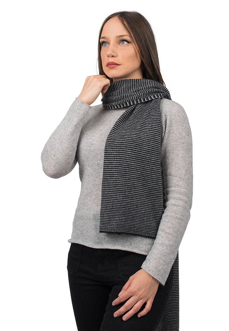 Black-Charcoal-Gray Women's Striped 100% Cashmere Scarf