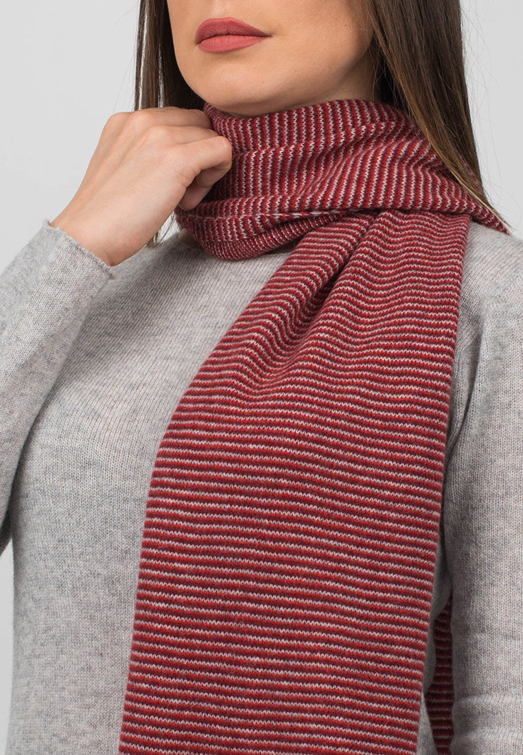 Red-Burgundy-Gray Women's Striped 100% Cashmere Scarf, view 3