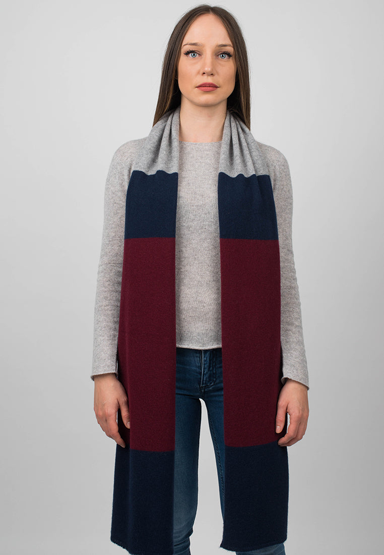 Blue-Burgundy-Gray Women's Three-Color 100% Cashmere Scarf, view 2
