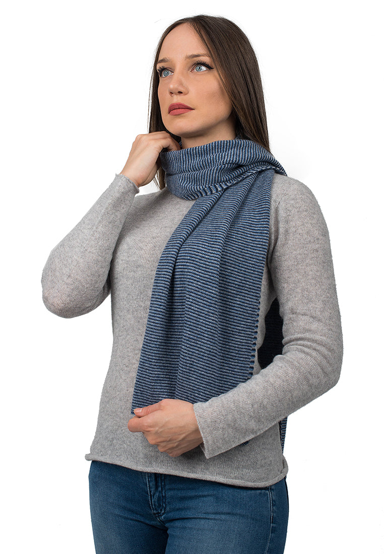 Blue-Light Blue-Sky Women's Striped 100% Cashmere Scarf