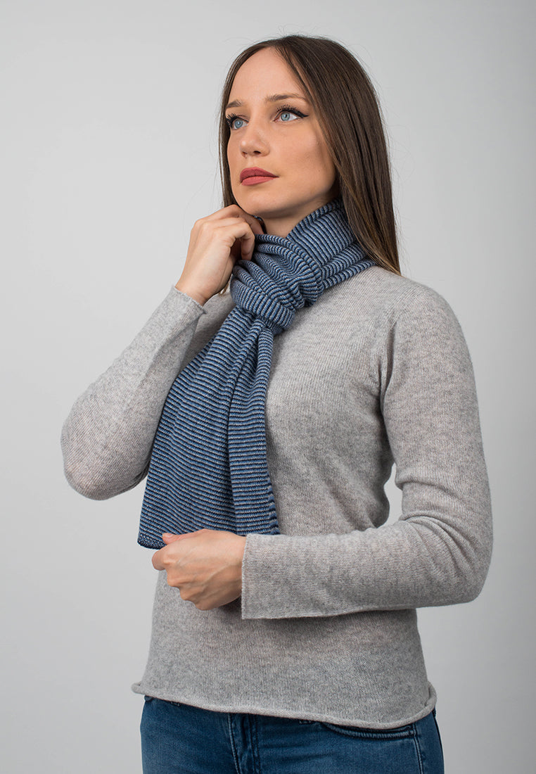 Blue-Light Blue-Sky Women's Striped 100% Cashmere Scarf, view 4
