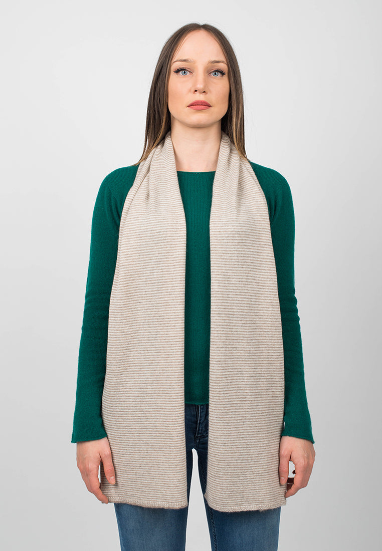 Mink-Beige-Cream Women's Striped 100% Cashmere Scarf, view 2