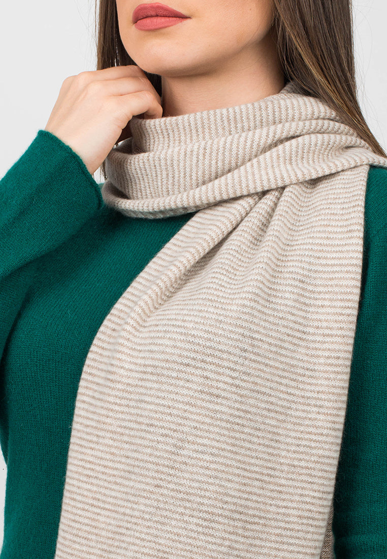 Mink-Beige-Cream Women's Striped 100% Cashmere Scarf, view 3