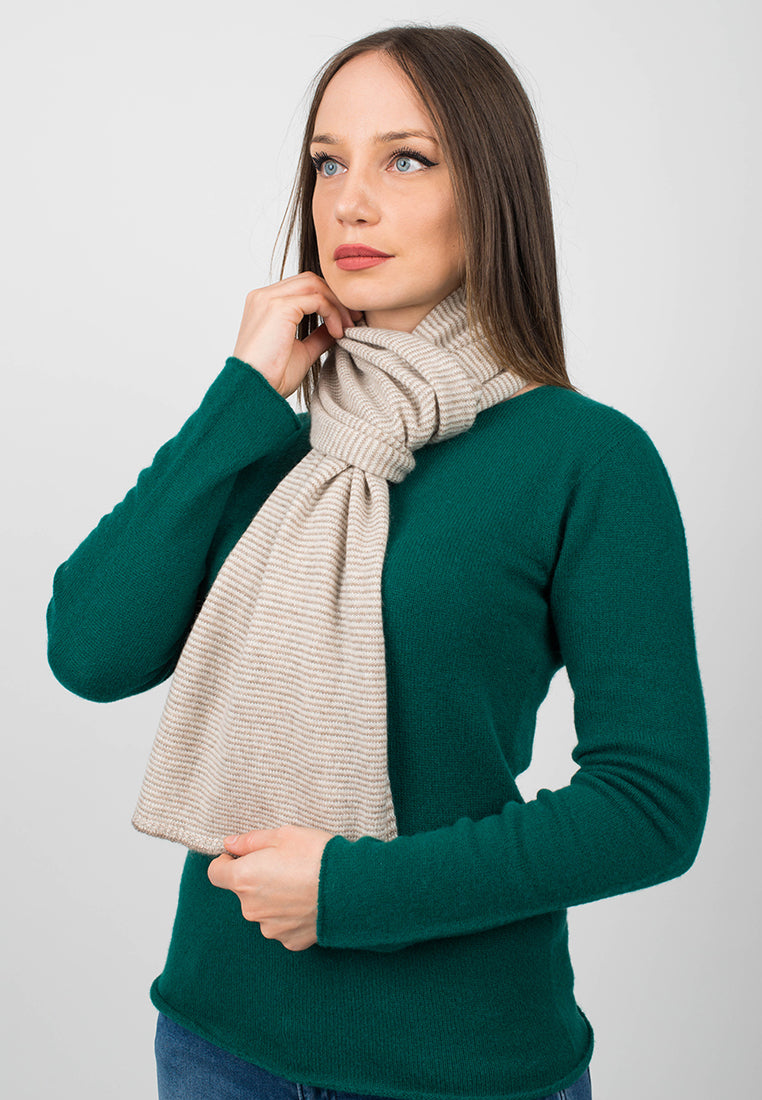 Mink-Beige-Cream Women's Striped 100% Cashmere Scarf, view 4
