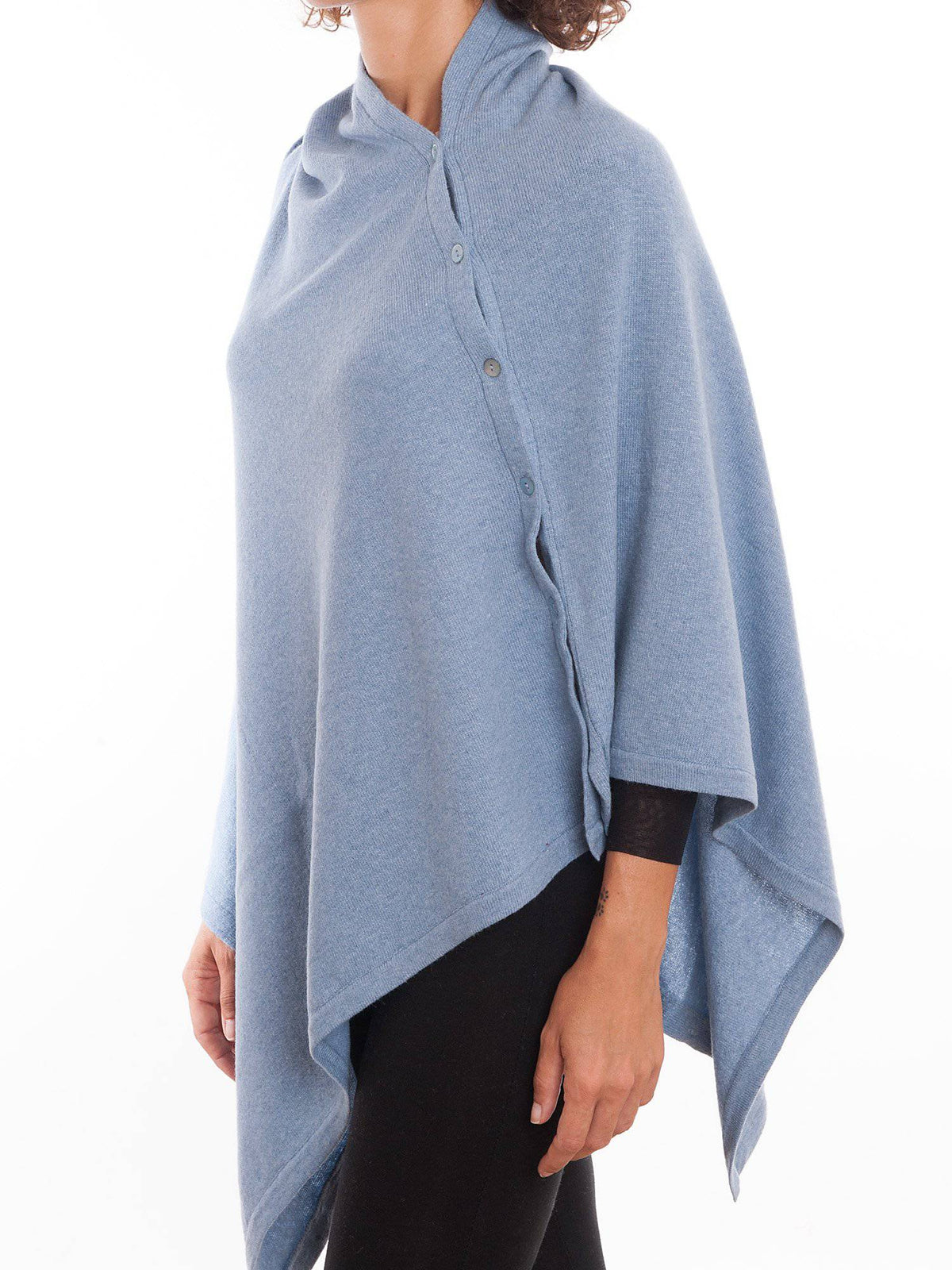 Sky Cashmere Blend Poncho With Buttons, view 2