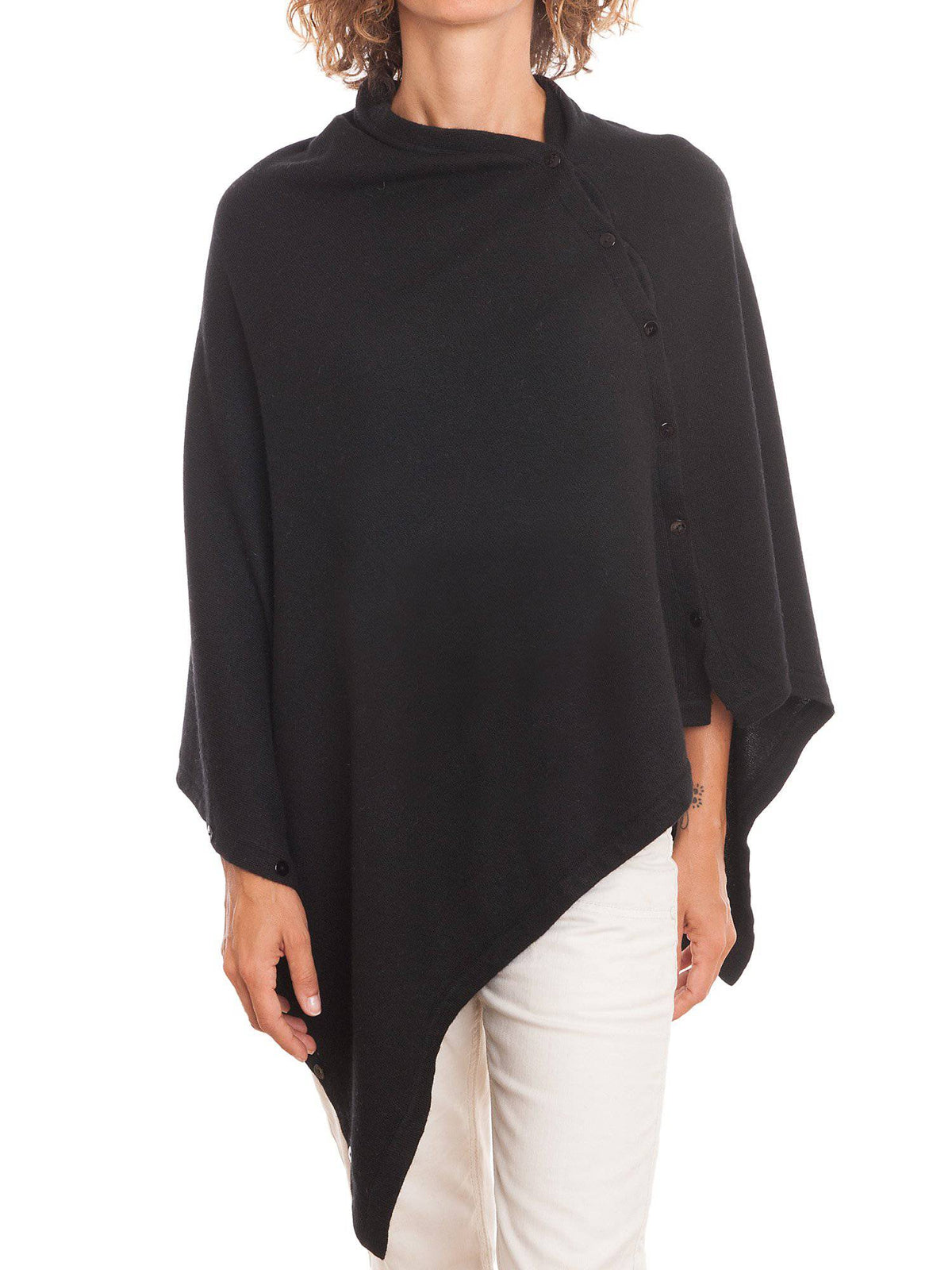 Black Cashmere Blend Poncho With Buttons