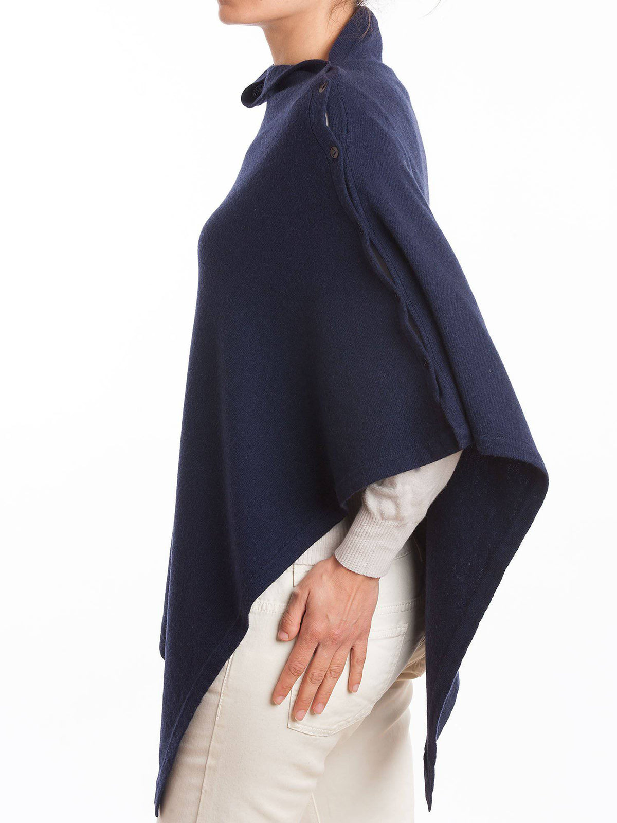 Blue Cashmere Blend Poncho With Buttons, view 2