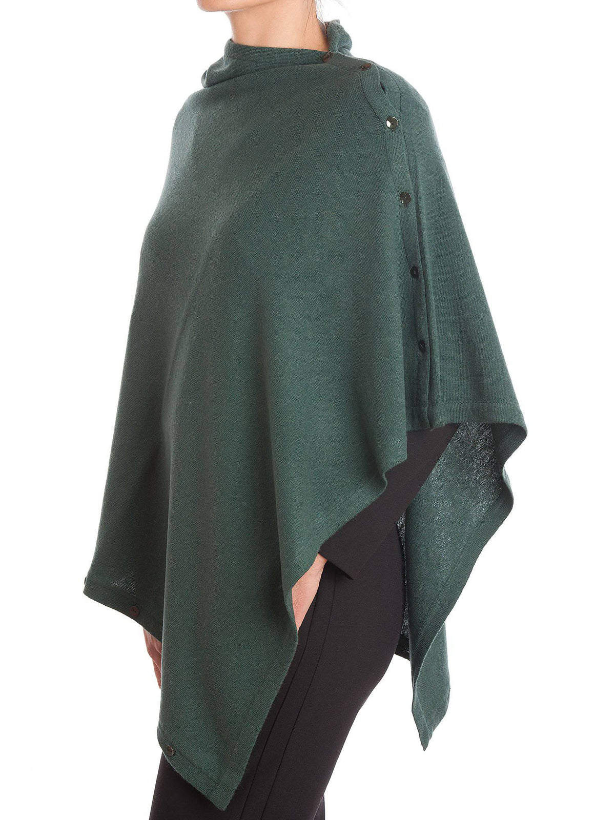 Green Cashmere Blend Poncho With Buttons, view 2