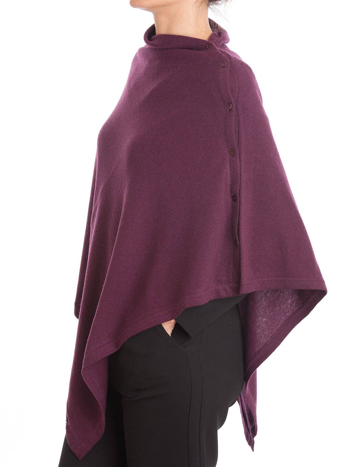 Burgundy Cashmere Blend Poncho With Buttons, view 2