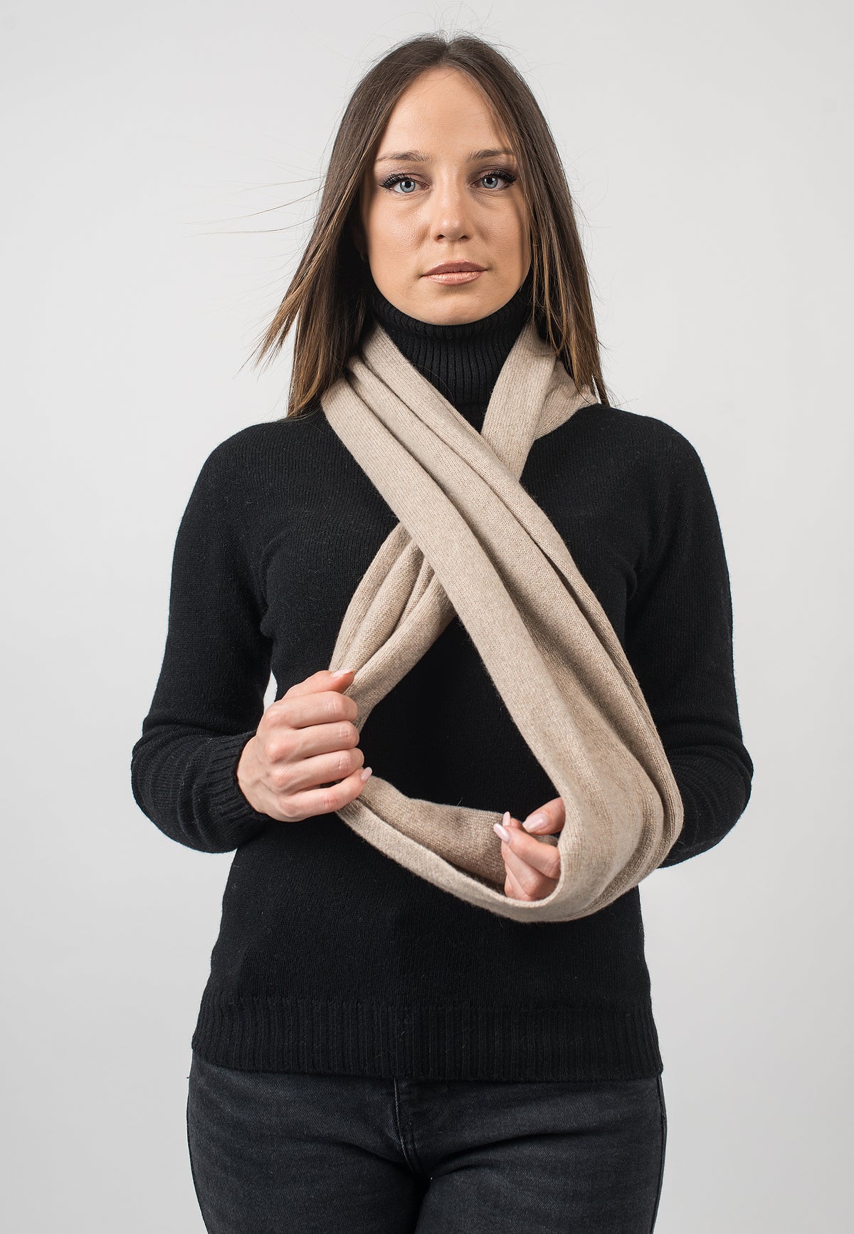 Beige Recycled Cashmere Blend Infinity Scarf, view 2