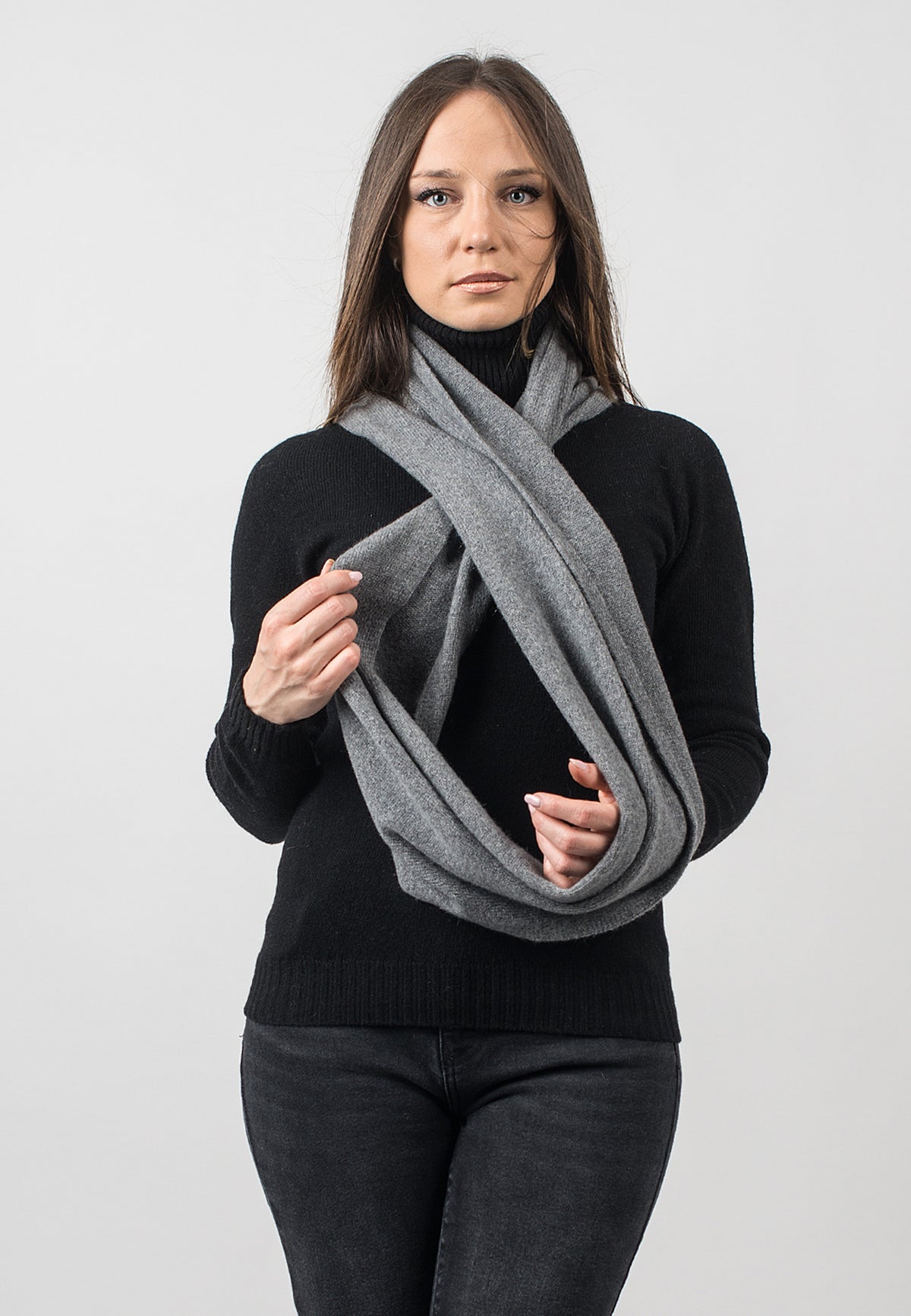 Gray Recycled Cashmere Blend Infinity Scarf, view 2