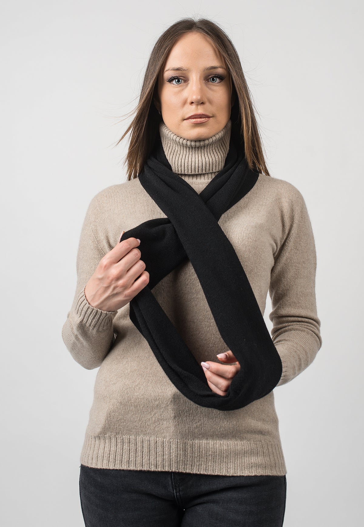 Black Recycled Cashmere Blend Infinity Scarf, view 2