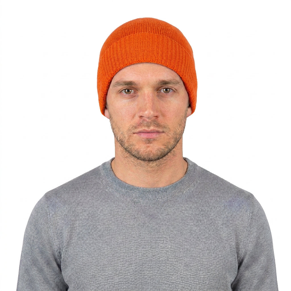 Men's Plain-Knit 100% Cashmere Beanie, orange | Dalle Piane Cashmere