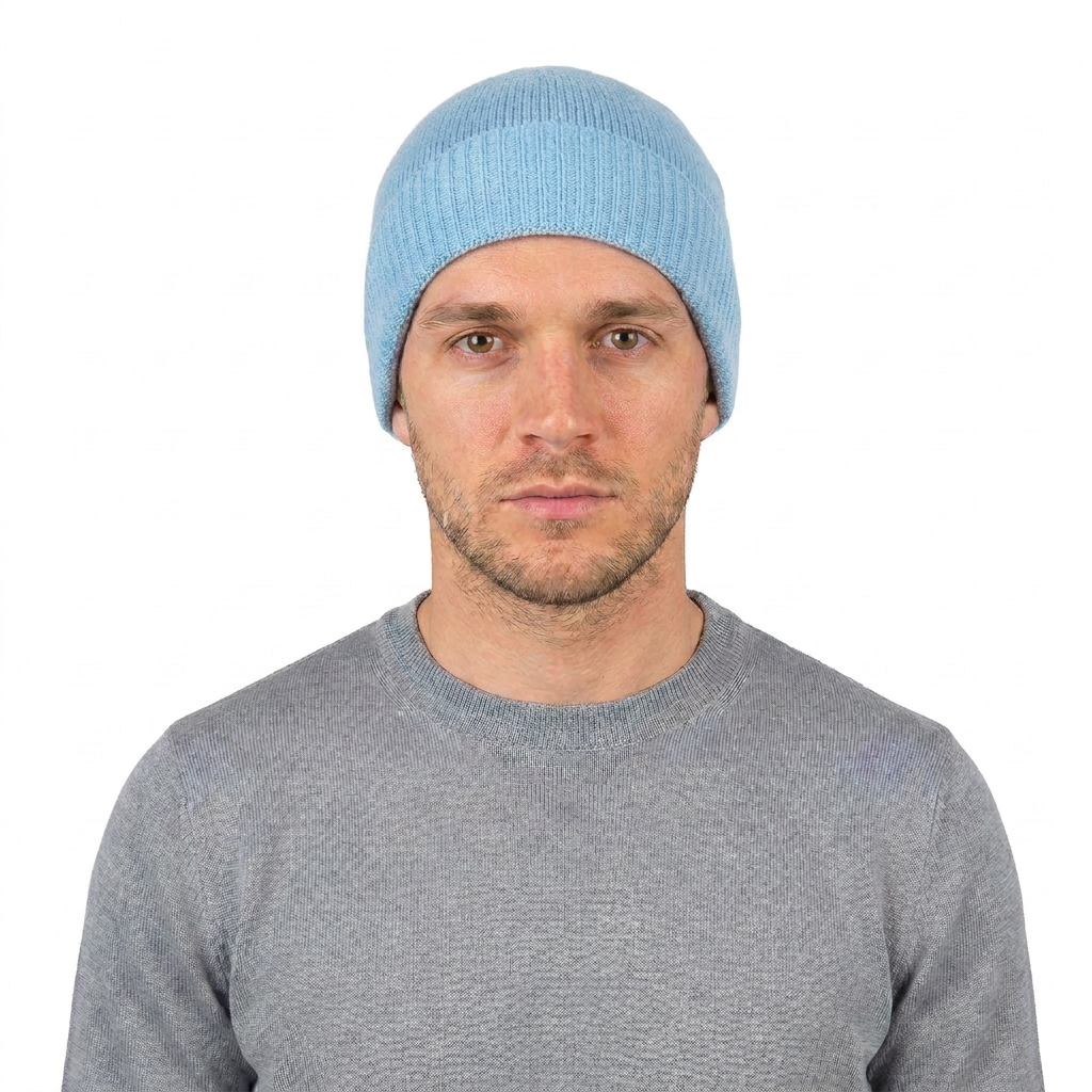 Men's Plain-Knit 100% Cashmere Beanie, sky | Dalle Piane Cashmere