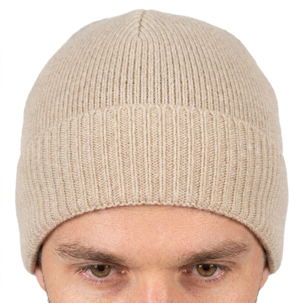Men's Plain-Knit 100% Cashmere Beanie, beige | Dalle Piane Cashmere