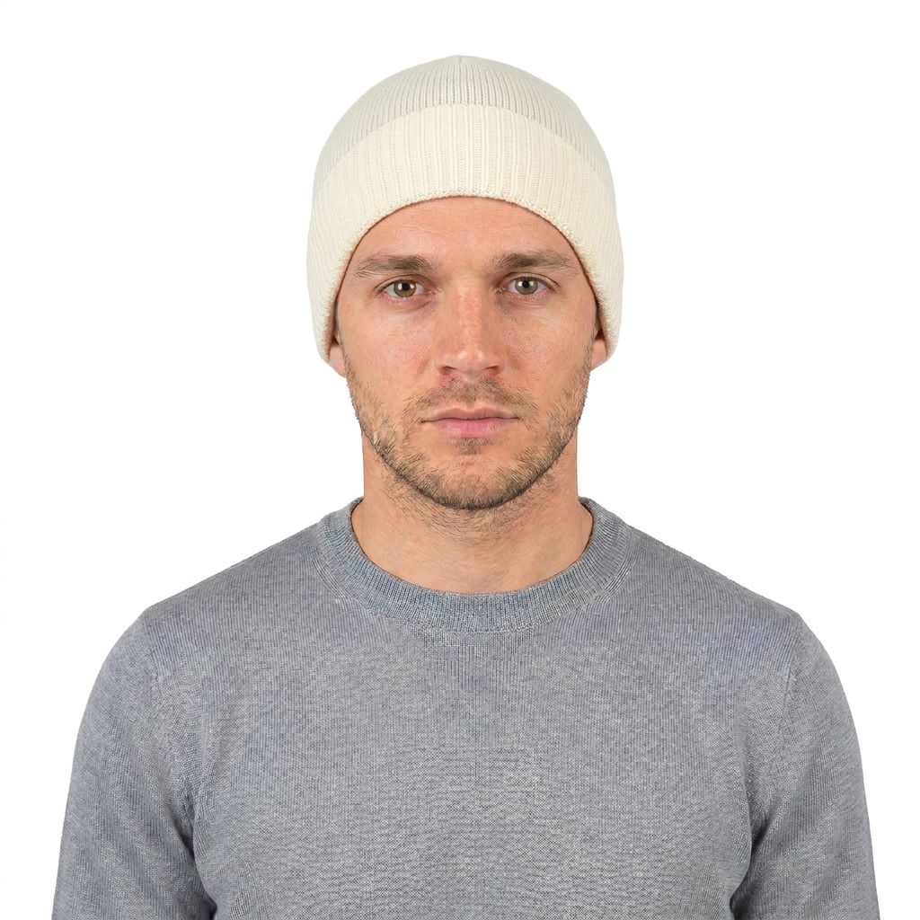 Men's Plain-Knit 100% Cashmere Beanie, cream | Dalle Piane Cashmere