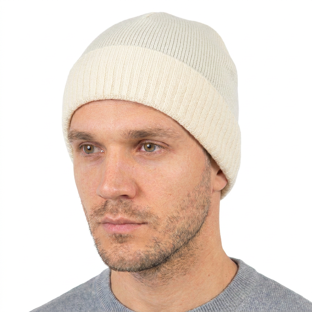 Men's Plain-Knit 100% Cashmere Beanie, cream | Dalle Piane Cashmere