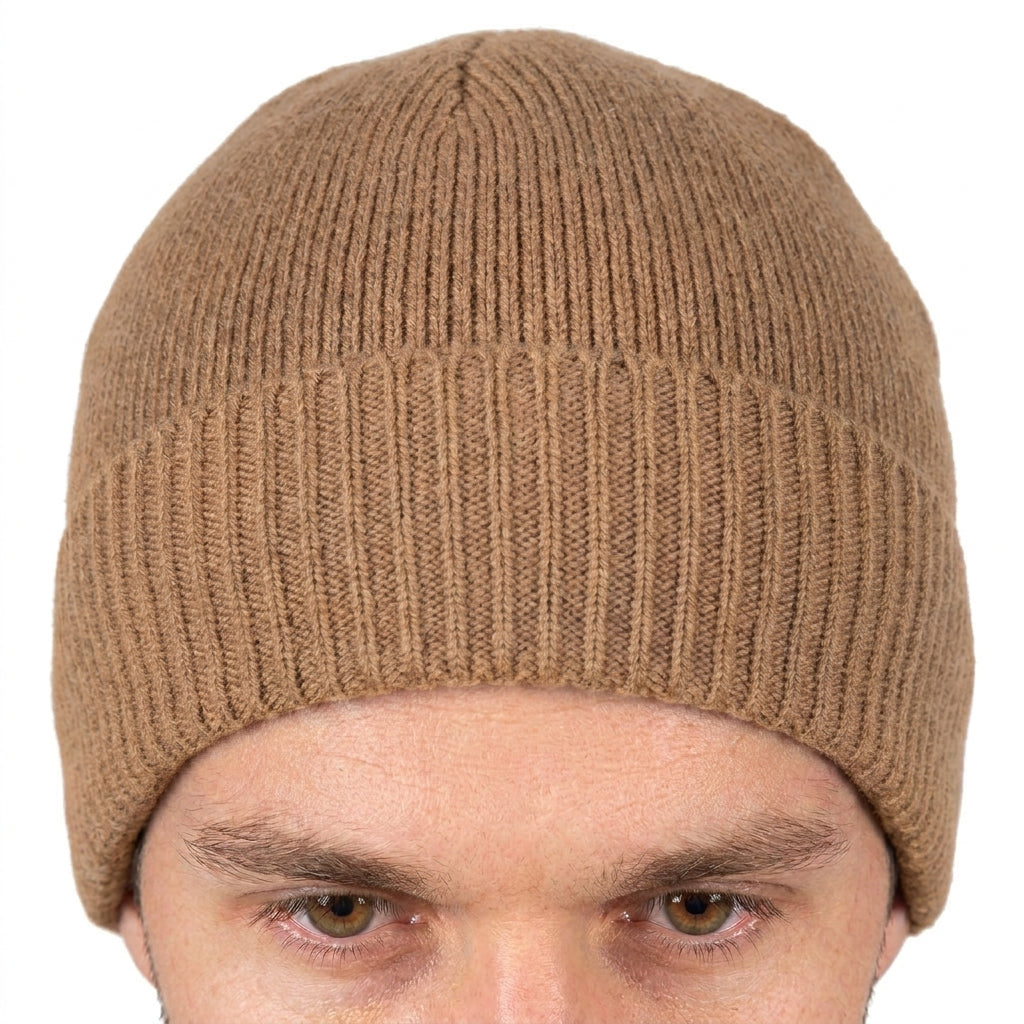 Men's Plain-Knit 100% Cashmere Beanie, camel | Dalle Piane Cashmere