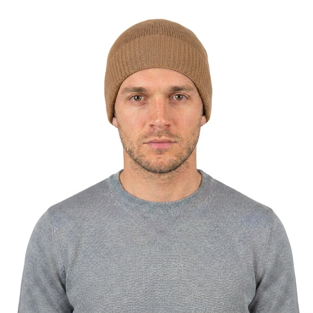 Men's Plain-Knit 100% Cashmere Beanie, camel | Dalle Piane Cashmere