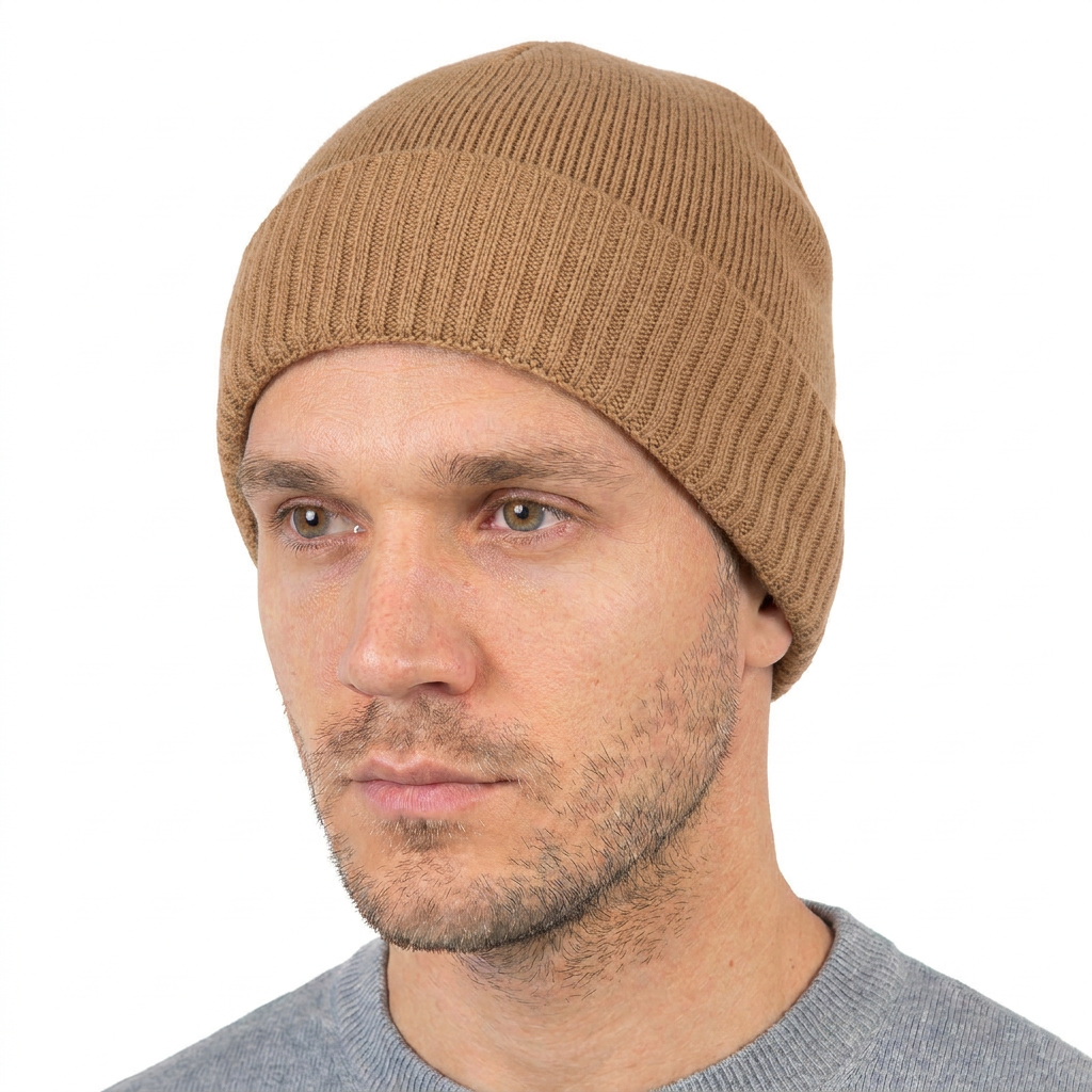 Men's Plain-Knit 100% Cashmere Beanie, camel | Dalle Piane Cashmere