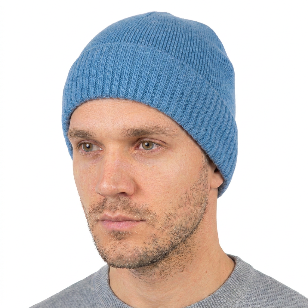 Men's Plain-Knit 100% Cashmere Beanie, light blue | Dalle Piane Cashmere