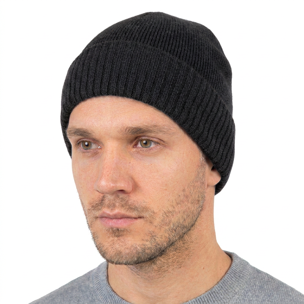 Men's Plain-Knit 100% Cashmere Beanie, charcoal | Dalle Piane Cashmere