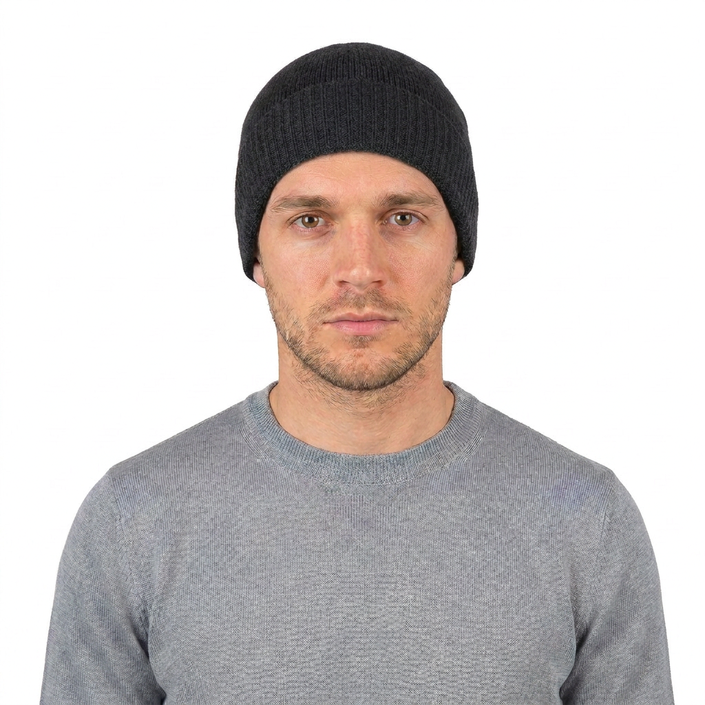 Men's Plain-Knit 100% Cashmere Beanie, charcoal | Dalle Piane Cashmere