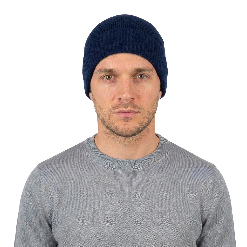 Men's Plain-Knit 100% Cashmere Beanie, blue | Dalle Piane Cashmere