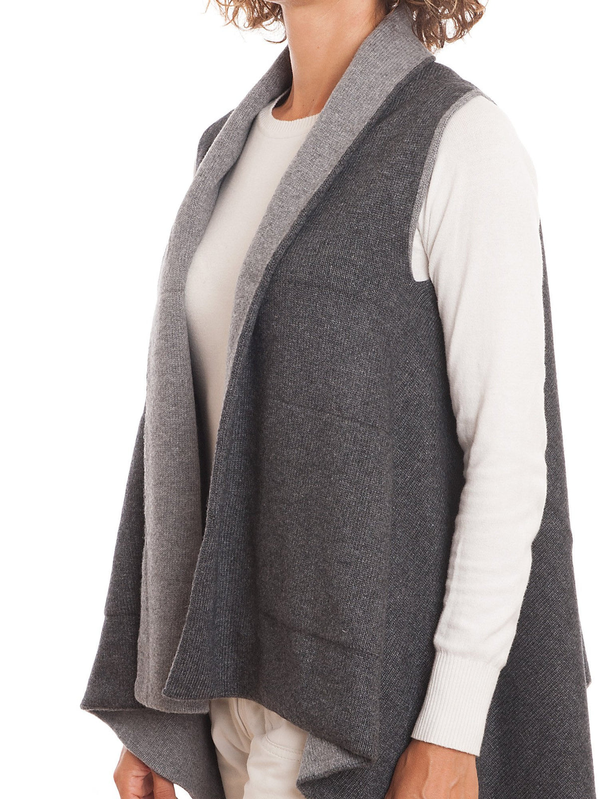 Charcoal-Gray Women's Reversible Sleeveless Cashmere Blend Cardigan, view 3