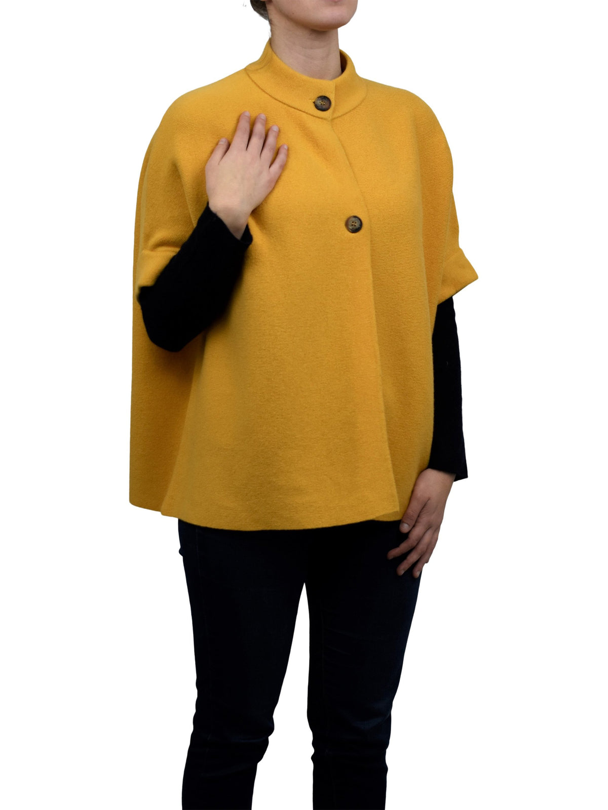 Yellow Cashmere Blend Cape With Two Front Buttons, view 2