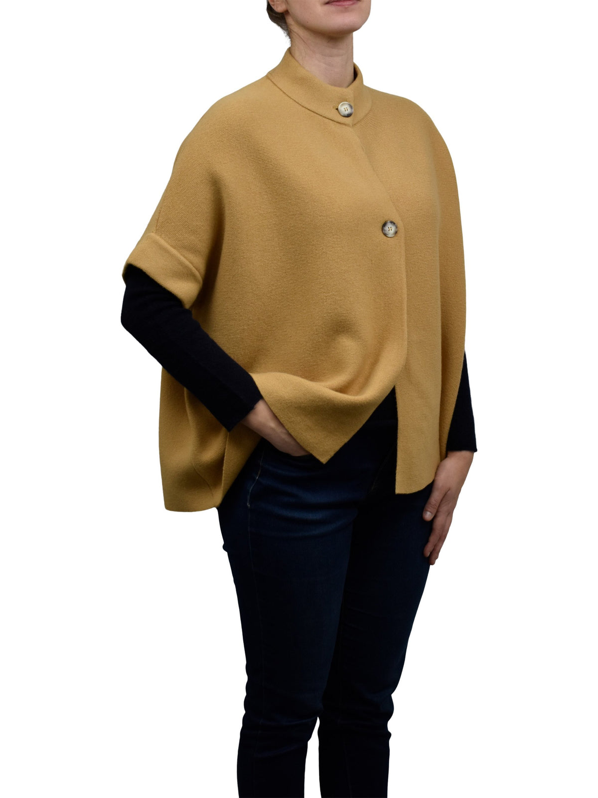 Camel Cashmere Blend Cape With Two Front Buttons