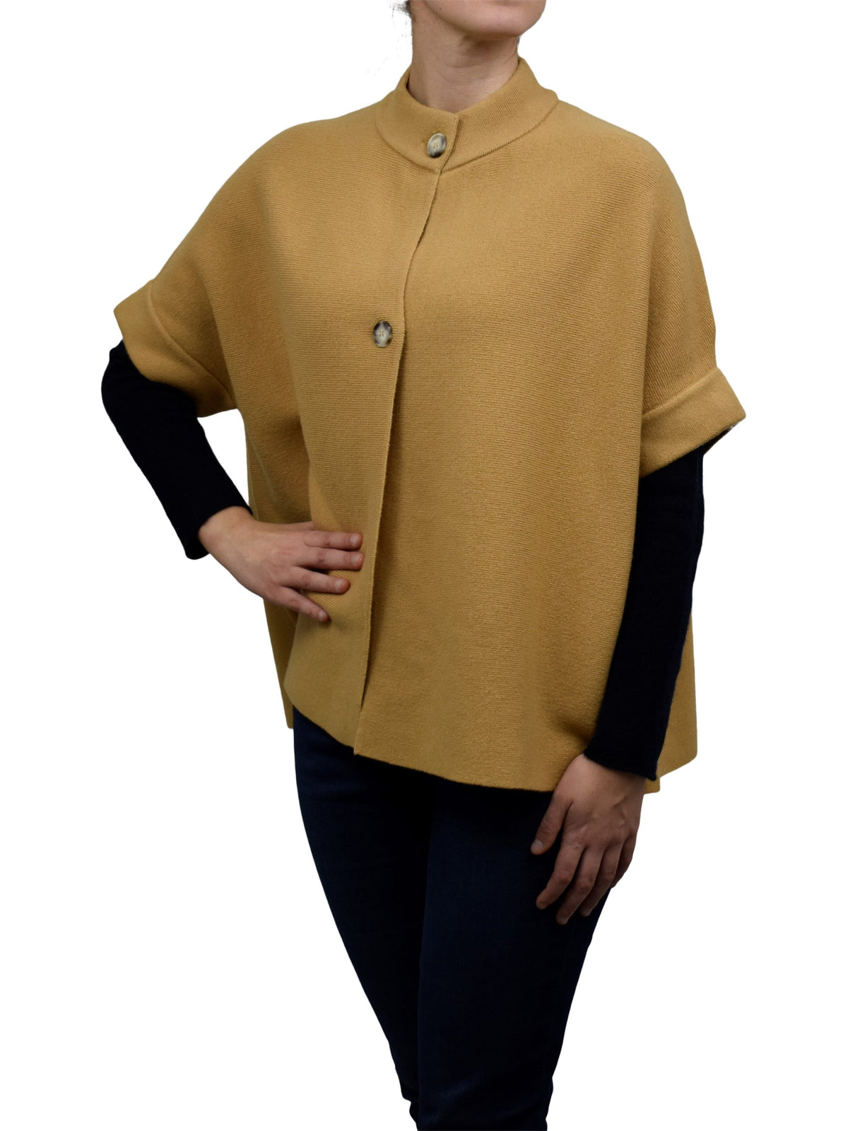 Camel Cashmere Blend Cape With Two Front Buttons, view 3