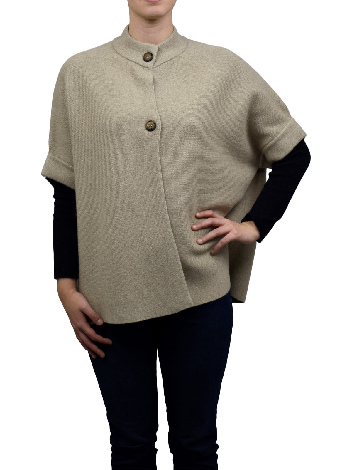 Beige Cashmere Blend Cape With Two Front Buttons