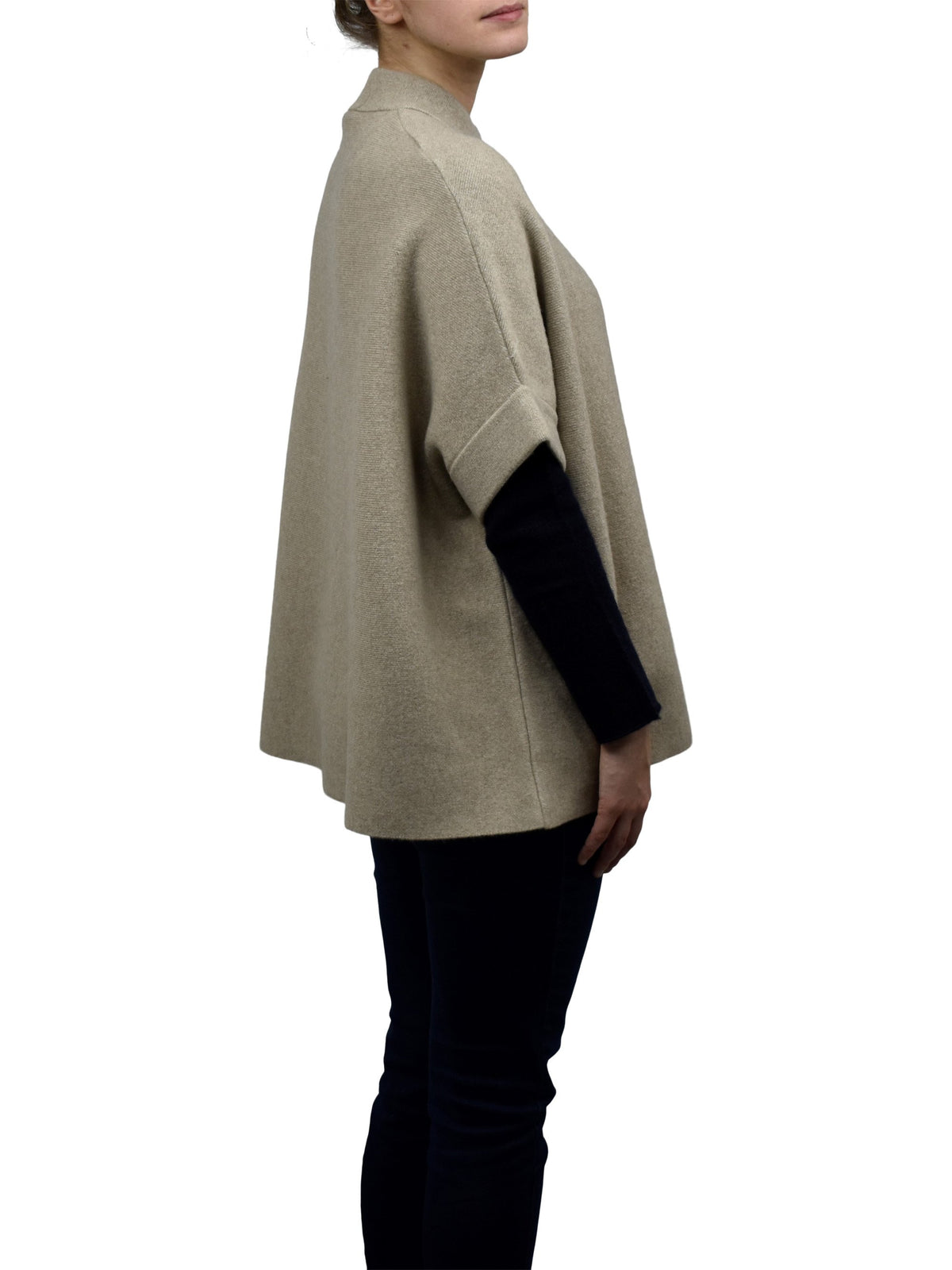 Beige Cashmere Blend Cape With Two Front Buttons, view 3