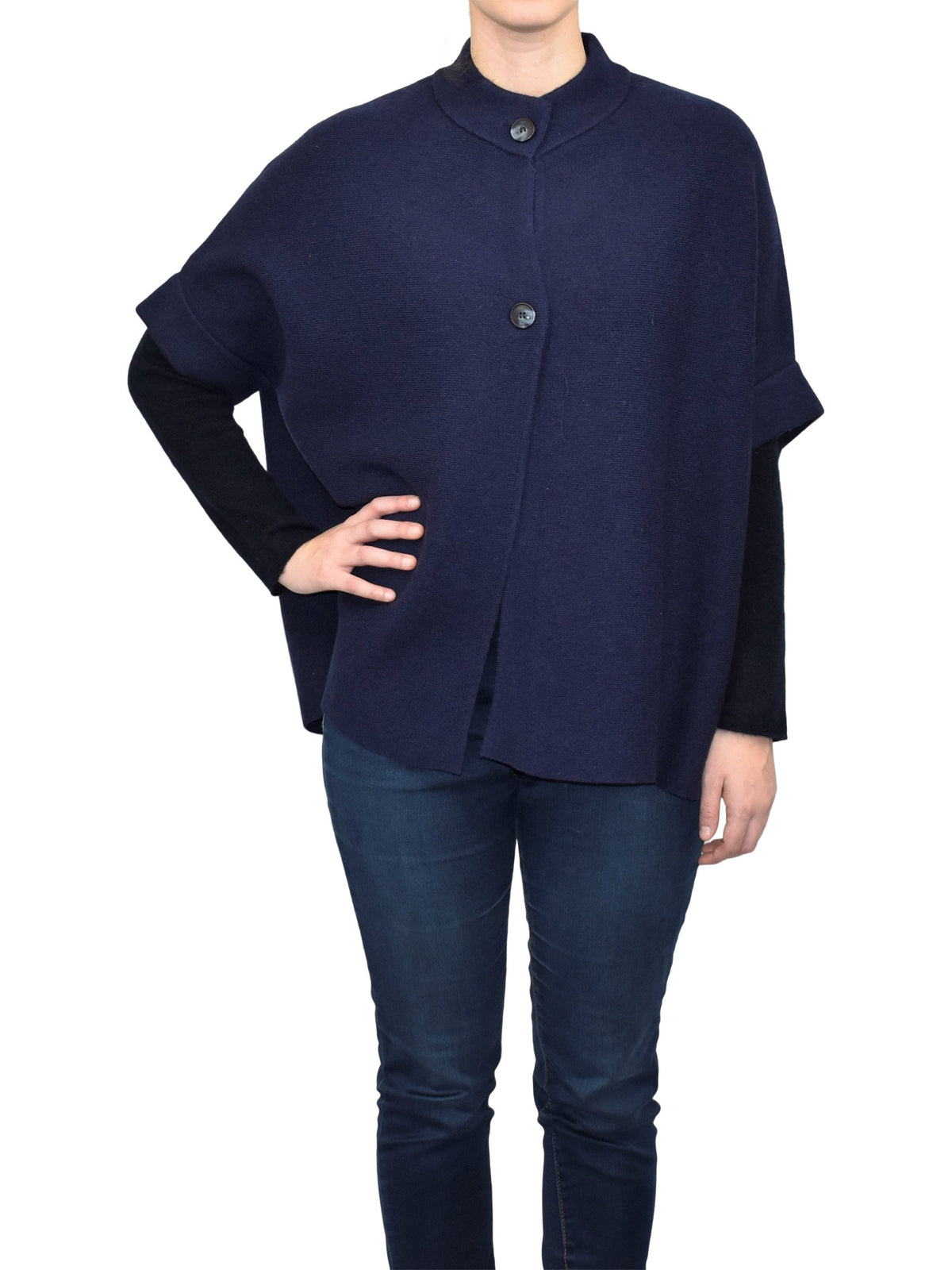 Blue Cashmere Blend Cape With Two Front Buttons