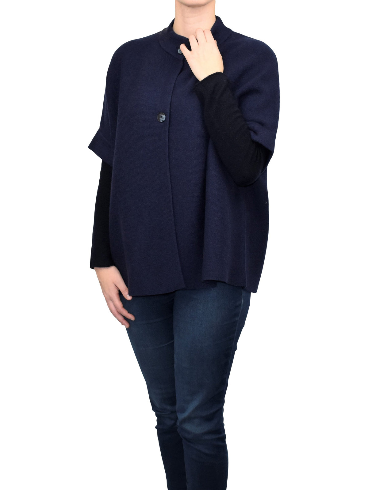 Blue Cashmere Blend Cape With Two Front Buttons, view 2