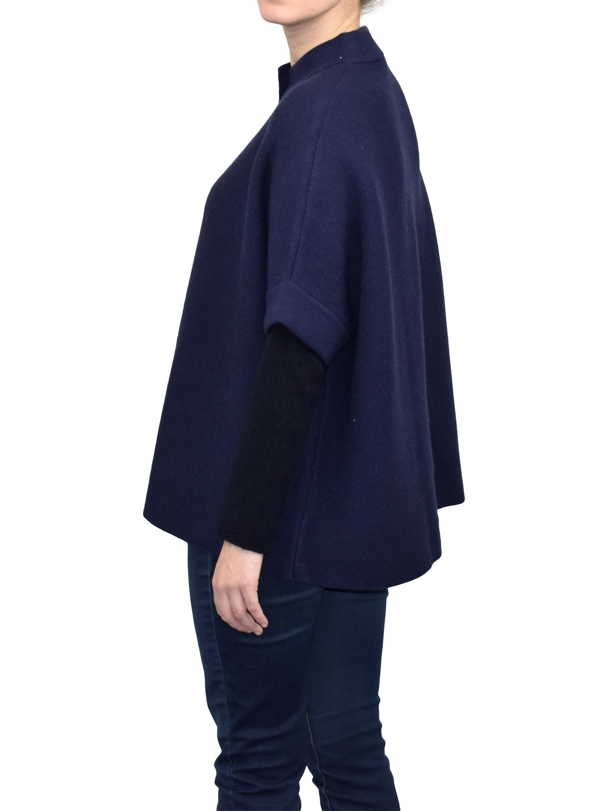 Blue Cashmere Blend Cape With Two Front Buttons, view 3