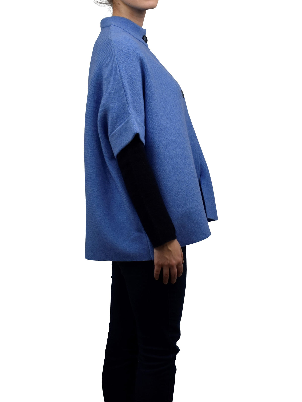 Light Blue Cashmere Blend Cape With Two Front Buttons, view 3