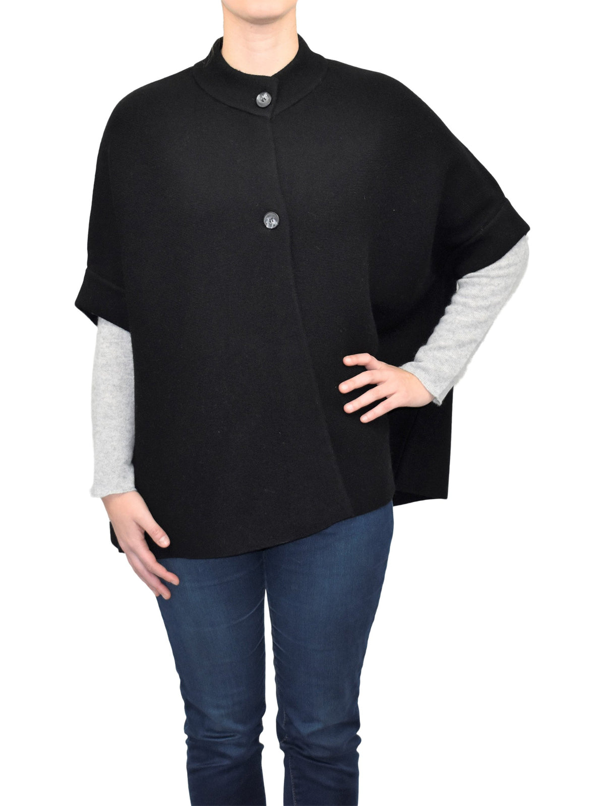 Black Cashmere Blend Cape With Two Front Buttons