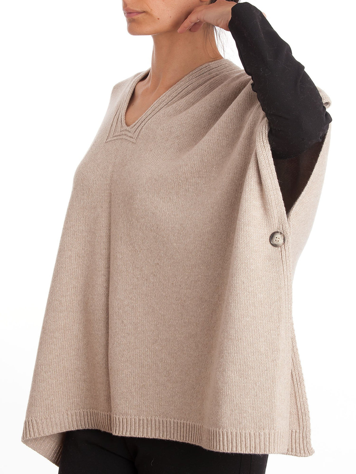Beige Cashmere Blend Cape With Side Buttons, view 2