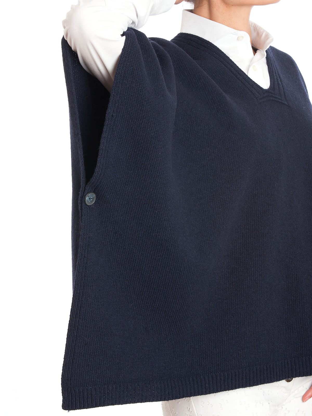 Blue Cashmere Blend Cape With Side Buttons, view 2