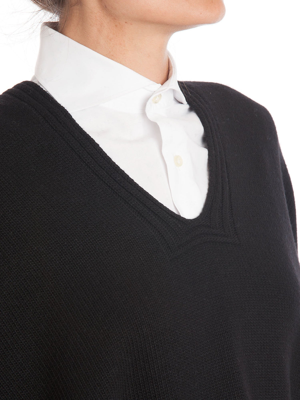 Black Cashmere Blend Cape With Side Buttons, view 4