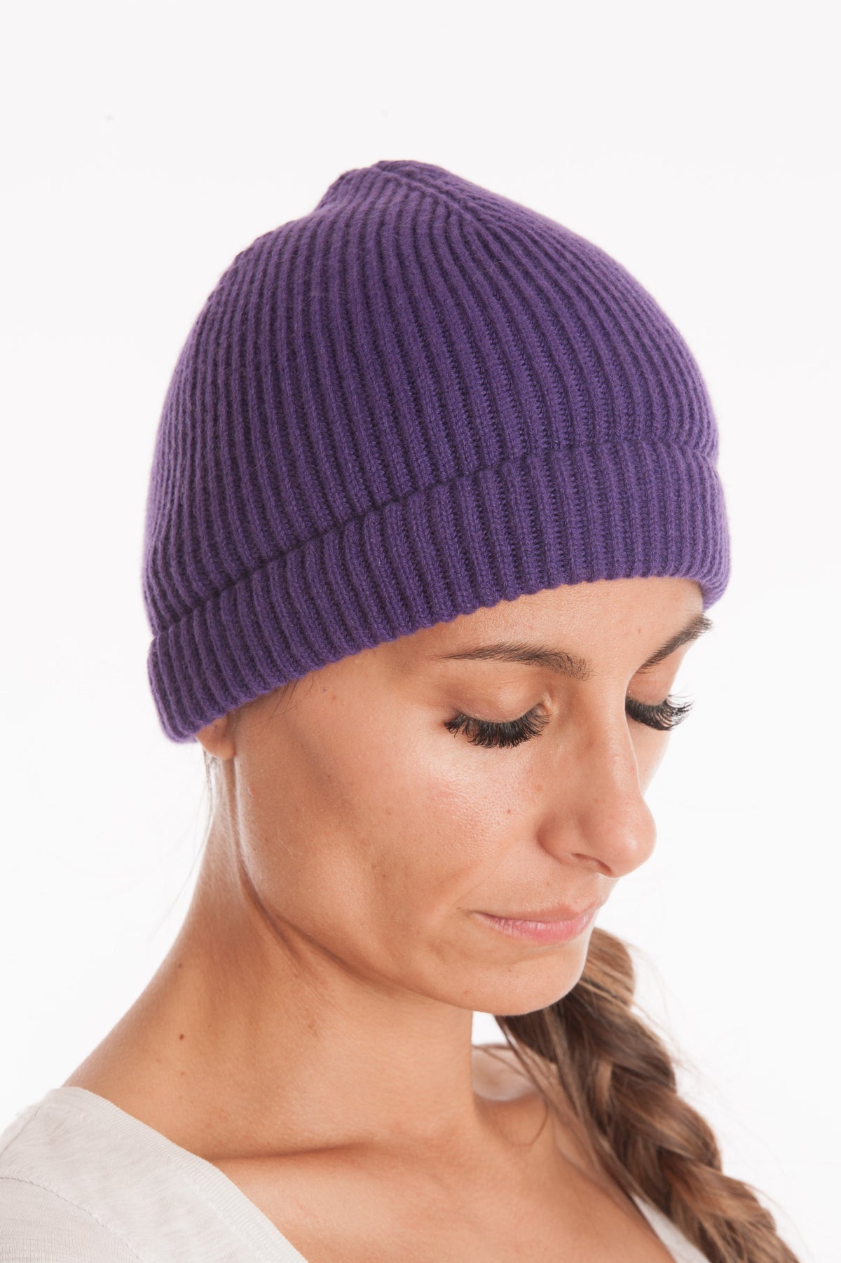 Purple Women's Fisherman's Rib 100% Cashmere Beanie