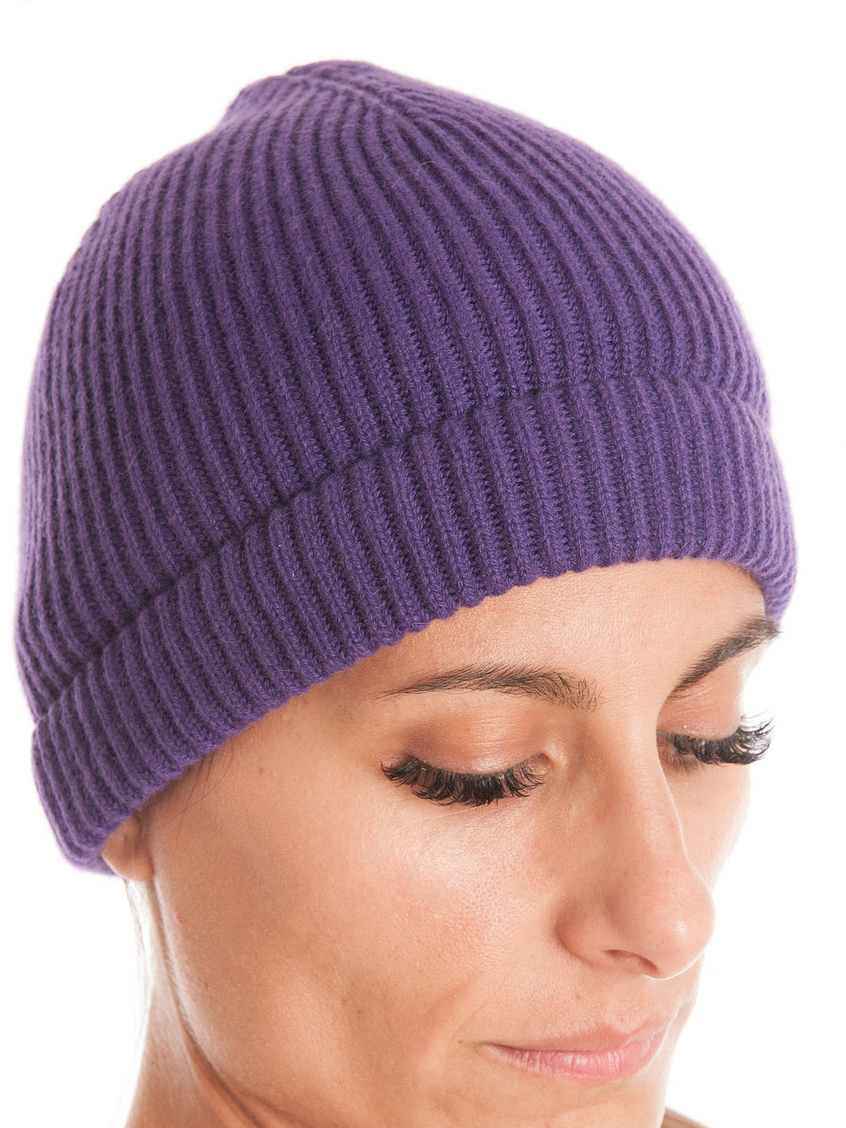 Purple Women's Fisherman's Rib 100% Cashmere Beanie, view 2