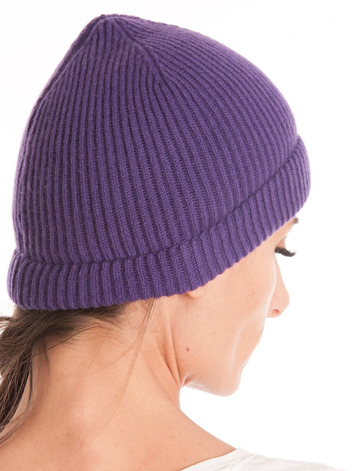 Purple Women's Fisherman's Rib 100% Cashmere Beanie, view 3