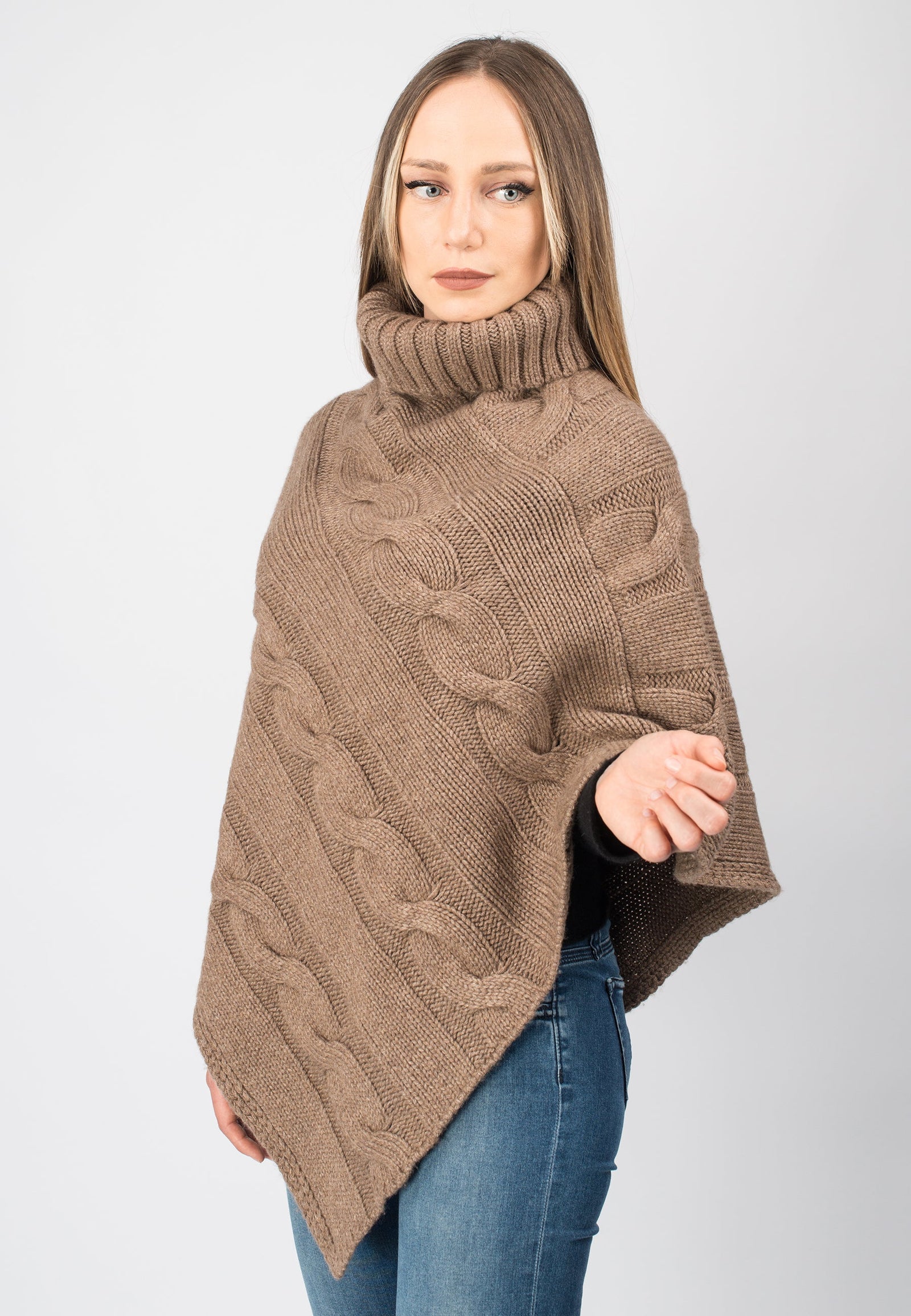 Turtleneck poncho with braids | Dalle Piane Cashmere